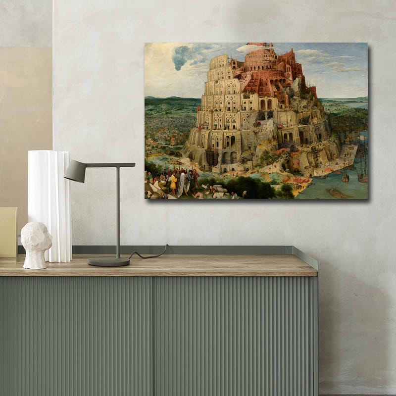 Canvastavla 70x100 cm - Monumental byggnad som representerar Babels torn, omgiven av landskap och människor - Röd / Beige / Grön - Inredning - Tavlor & posters - Canvastavla