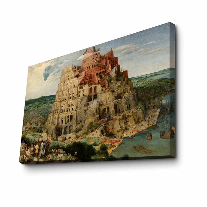 Canvastavla 70x100 cm - Monumental byggnad som representerar Babels torn, omgiven av landskap och människor - Röd / Beige / Grön - Inredning - Tavlor & posters - Canvastavla