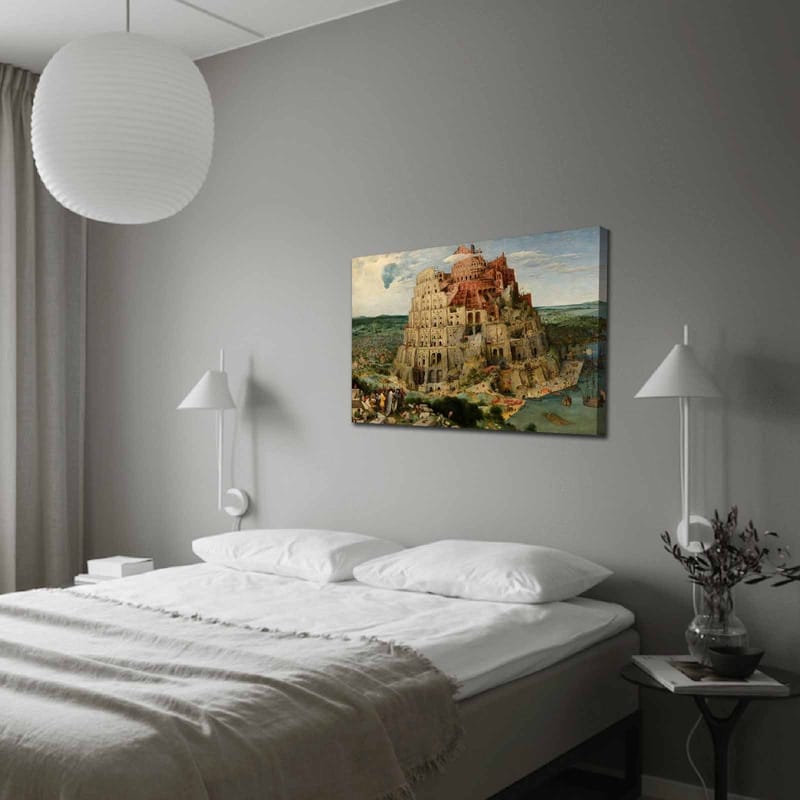 Canvastavla 70x100 cm - Monumental byggnad som representerar Babels torn, omgiven av landskap och människor, Röd / Beige / Grön