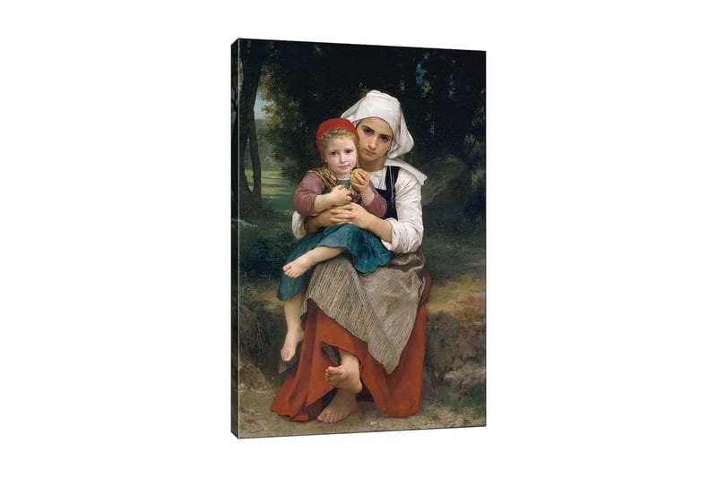Canvastavla 70x100 cm - Mor som håller sitt barn i famnen, med en känsla av ömhet och närhet, Röd / Grön / Vit