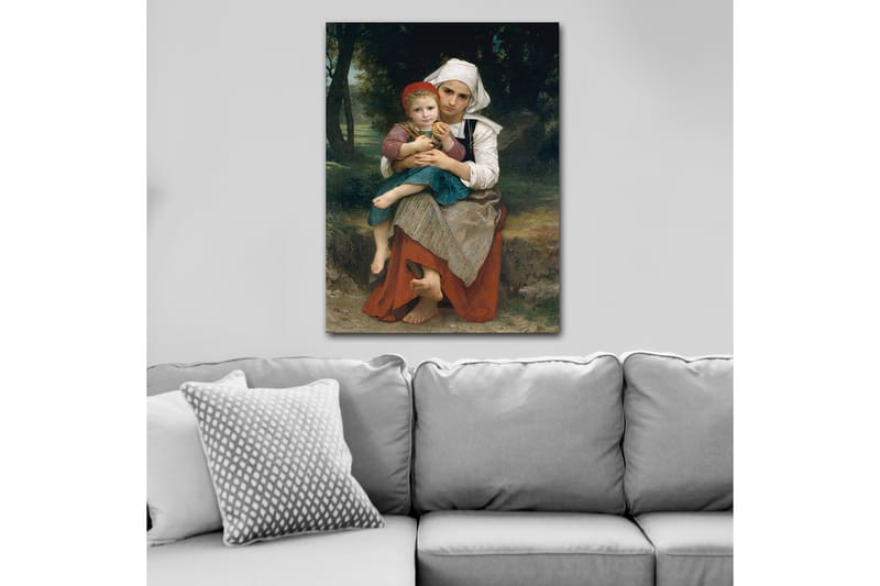 Canvastavla 70x100 cm - Mor som håller sitt barn i famnen, med en känsla av ömhet och närhet - Röd / Grön / Vit - Inredning - Tavlor & posters - Canvastavla