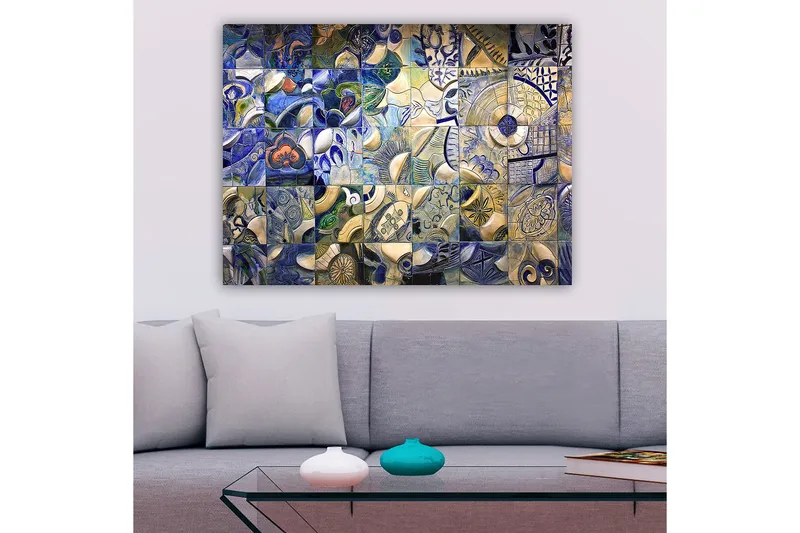Canvastavla 70x100 cm - Mosaik av abstrakta former och mönster i blå och vita nyanser - Blå / Vit / Beige - Inredning - Tavlor & posters - Canvastavla
