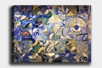 Canvastavla 70x100 cm - Mosaik av abstrakta former och mönster i blå och vita nyanser - Blå / Vit / Beige - Inredning - Tavlor & posters - Canvastavla