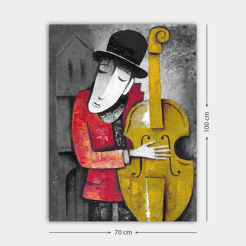 Canvastavla 70x100 cm - Musiker som omfamnar sin kontrabas i en stiliserad och färgglad komposition - Röd / Gul / Svart - Inredning - Tavlor & posters - Canvastavla