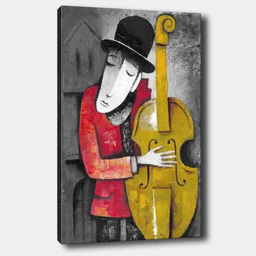 Canvastavla 70x100 cm - Musiker som omfamnar sin kontrabas i en stiliserad och färgglad komposition - Röd / Gul / Svart - Inredning - Tavlor & posters - Canvastavla