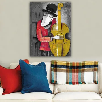 Canvastavla 70x100 cm - Musiker som omfamnar sin kontrabas i en stiliserad och färgglad komposition - Röd / Gul / Svart - Inredning - Tavlor & posters - Canvastavla