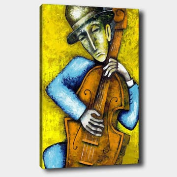 Canvastavla 70x100 cm - Musiker som spelar en kontrabas med en känslosam uttryck - Gult / Blått / Brunt - Inredning - Tavlor & posters - Canvastavla