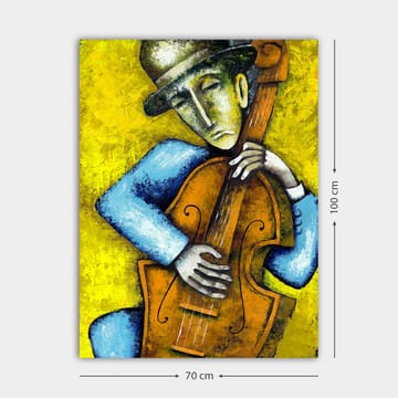 Canvastavla 70x100 cm - Musiker som spelar en kontrabas med en känslosam uttryck - Gult / Blått / Brunt - Inredning - Tavlor & posters - Canvastavla