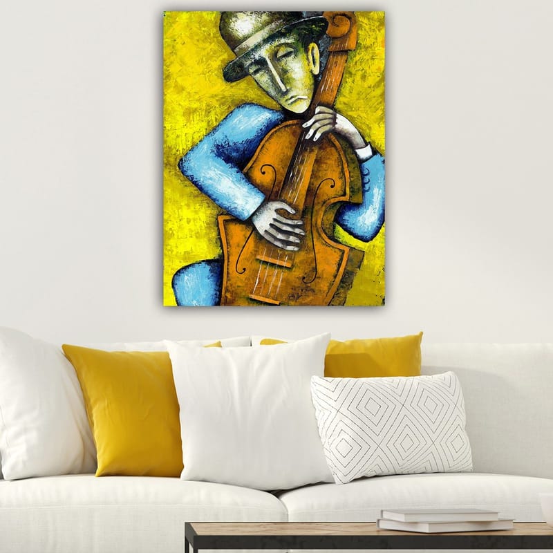 Canvastavla 70x100 cm - Musiker som spelar en kontrabas med en känslosam uttryck - Gult / Blått / Brunt - Inredning - Tavlor & posters - Canvastavla