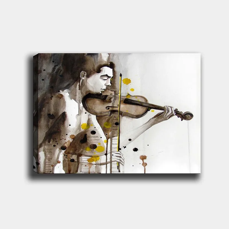 Canvastavla 70x100 cm - Musiker som spelar fiol, fångad i en känslomässig och uttrycksfull stil - Brun / Gul / Svart - Inredning - Tavlor & posters - Canvastavla