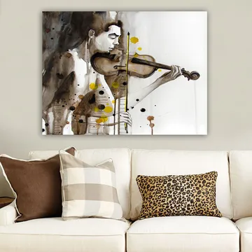 Canvastavla 70x100 cm - Musiker som spelar fiol, fångad i en känslomässig och uttrycksfull stil - Brun / Gul / Svart - Inredning - Tavlor & posters - Canvastavla