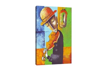 Canvastavla 70x100 cm - Musiker som spelar fiol, klädd i svart med en gul hatt, omgiven av färgglada geometriska former - Orange / Grön / Blå - Inredning - Tavlor & posters - Canvastavla