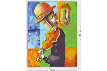 Canvastavla 70x100 cm - Musiker som spelar fiol, klädd i svart med en gul hatt, omgiven av färgglada geometriska former - Orange / Grön / Blå - Inredning - Tavlor & posters - Canvastavla