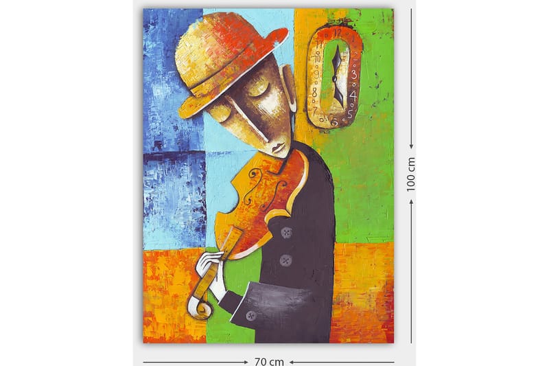Canvastavla 70x100 cm - Musiker som spelar fiol, klädd i svart med en gul hatt, omgiven av färgglada geometriska former - Orange / Grön / Blå - Inredning - Tavlor & posters - Canvastavla