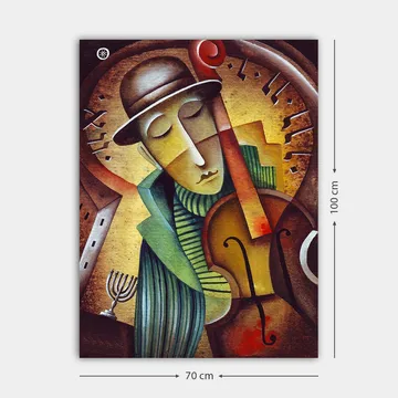 Canvastavla 70x100 cm - Musiker som spelar fiol med en melankolisk uttryck och en stiliserad bakgrund - Brun / Grön / Gul - Inredning - Tavlor & posters - Canvastavla