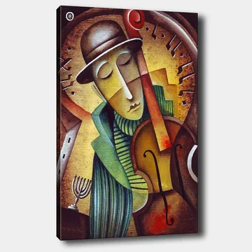 Canvastavla 70x100 cm - Musiker som spelar fiol med en melankolisk uttryck och en stiliserad bakgrund - Brun / Grön / Gul - Inredning - Tavlor & posters - Canvastavla