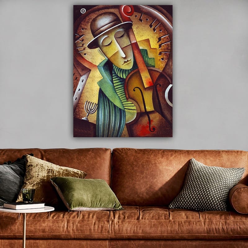 Canvastavla 70x100 cm - Musiker som spelar fiol med en melankolisk uttryck och en stiliserad bakgrund - Brun / Grön / Gul - Inredning - Tavlor & posters - Canvastavla