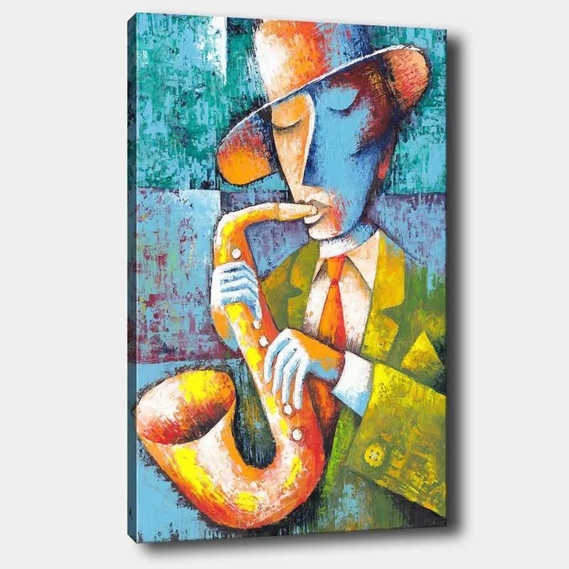 Canvastavla 70x100 cm - Musiker som spelar saxofon med en färgglad och stiliserad framtoning - Gul / Blå / Orange - Inredning - Tavlor & posters - Canvastavla