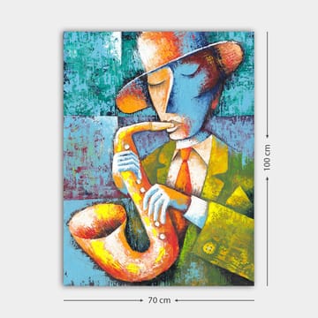 Canvastavla 70x100 cm - Musiker som spelar saxofon med en färgglad och stiliserad framtoning - Gul / Blå / Orange - Inredning - Tavlor & posters - Canvastavla