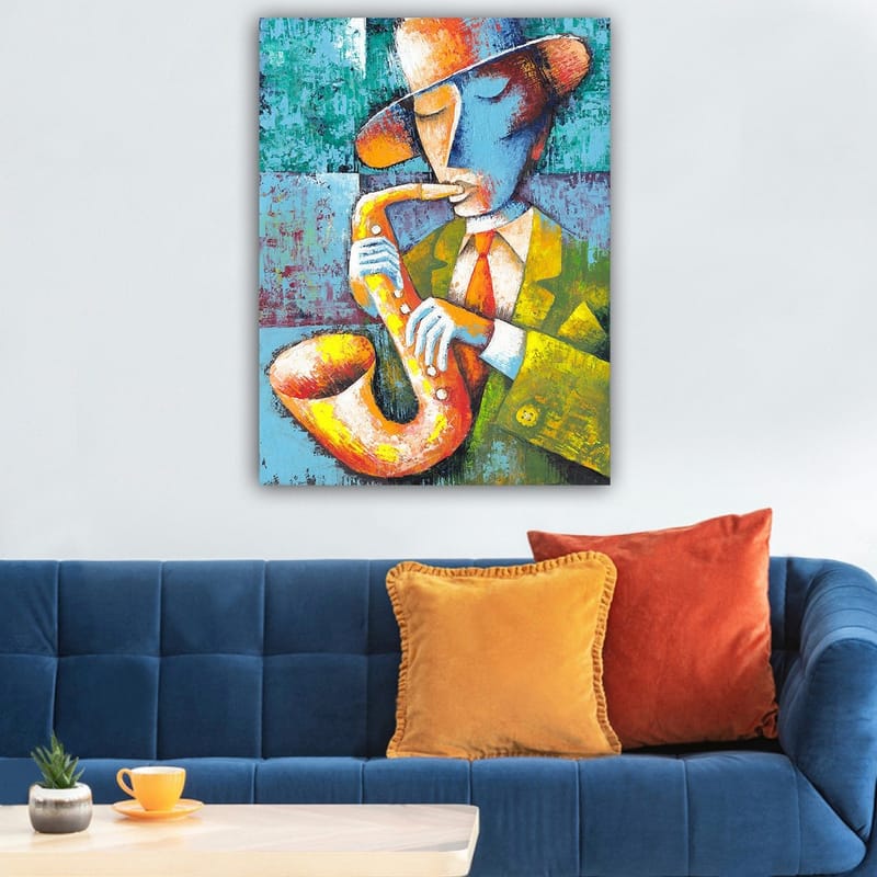 Canvastavla 70x100 cm - Musiker som spelar saxofon med en färgglad och stiliserad framtoning - Gul / Blå / Orange - Inredning - Tavlor & posters - Canvastavla