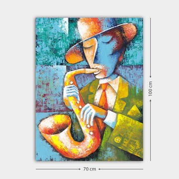 Canvastavla 70x100 cm - Musiker som spelar saxofon med en färgglad och stiliserad framtoning - Gul / Blå / Orange - Inredning - Tavlor & posters - Canvastavla