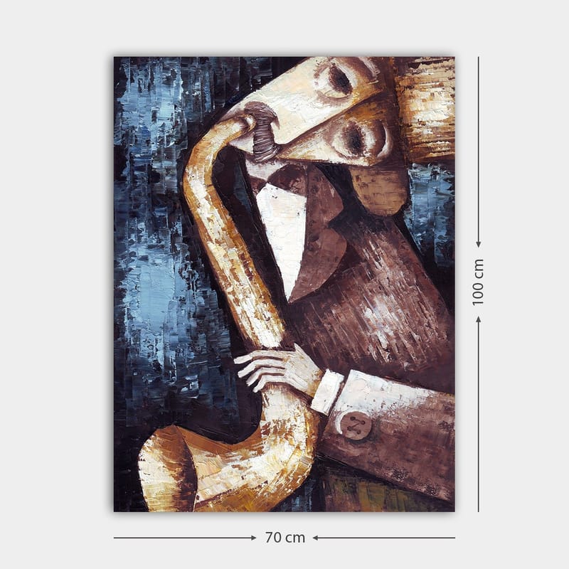 Canvastavla 70x100 cm - Musiker som spelar saxofon med en stiliserad och expressiv framtoning - Mörkblå / Beige / Brun - Inredning - Tavlor & posters - Canvastavla