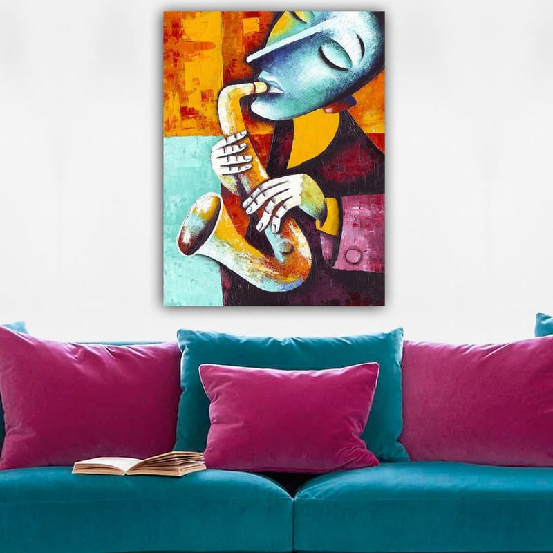 Canvastavla 70x100 cm - Musiker som spelar saxofon med ett uttrycksfullt ansiktsuttryck - Turkos / Orange / Svart - Inredning - Tavlor & posters - Canvastavla
