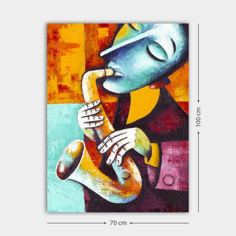 Canvastavla 70x100 cm - Musiker som spelar saxofon med ett uttrycksfullt ansiktsuttryck - Turkos / Orange / Svart - Inredning - Tavlor & posters - Canvastavla