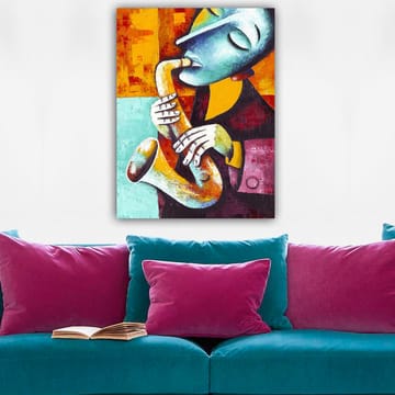 Canvastavla 70x100 cm - Musiker som spelar saxofon med ett uttrycksfullt ansiktsuttryck - Turkos / Orange / Svart - Inredning - Tavlor & posters - Canvastavla