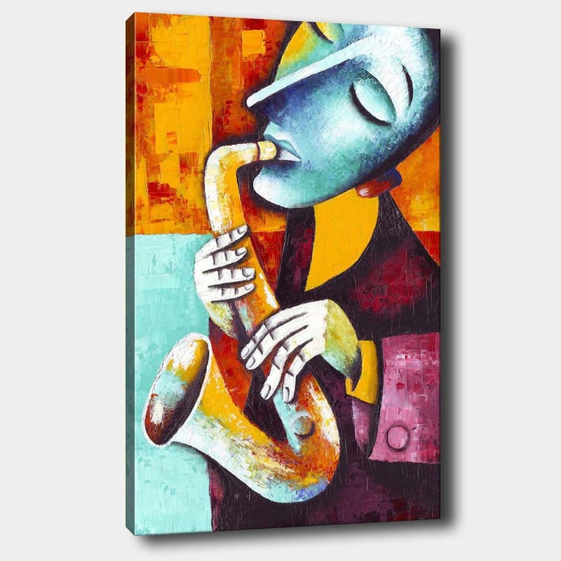 Canvastavla 70x100 cm - Musiker som spelar saxofon med ett uttrycksfullt ansiktsuttryck - Turkos / Orange / Svart - Inredning - Tavlor & posters - Canvastavla
