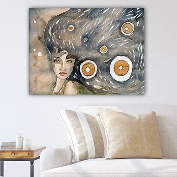 Canvastavla 70x100 cm - Mystisk kvinna med ett stort, svallande hår som omges av cirkulära former - Mörkblå / Beige / Orange - Inredning - Tavlor & posters - Canvastavla