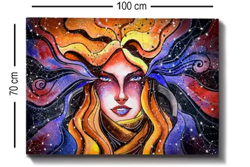 Canvastavla 70x100 cm - Mystisk kvinna med flödande hår som sträcker sig ut i en stjärnklar himmel - Orange / Lila / Guld - Inredning - Tavlor & posters - Canvastavla