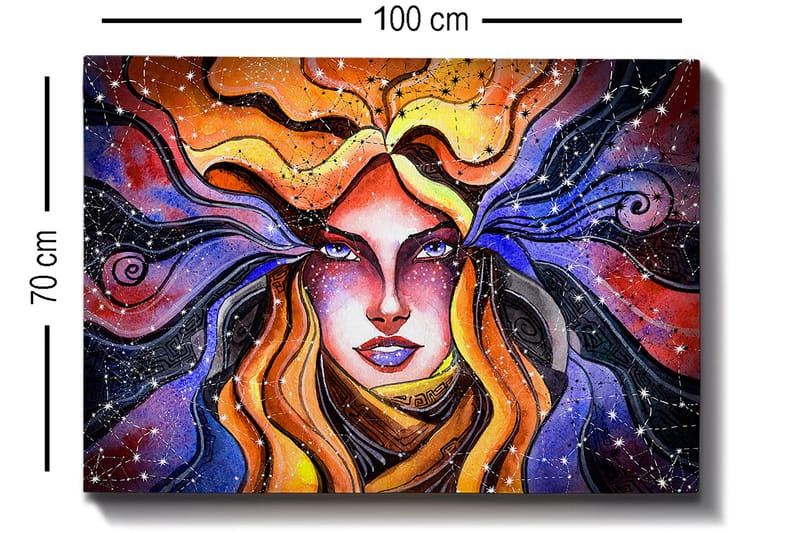 Canvastavla 70x100 cm - Mystisk kvinna med flödande hår som sträcker sig ut i en stjärnklar himmel - Orange / Lila / Guld - Inredning - Tavlor & posters - Canvastavla