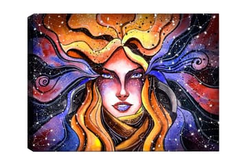Canvastavla 70x100 cm - Mystisk kvinna med flödande hår som sträcker sig ut i en stjärnklar himmel - Orange / Lila / Guld - Inredning - Tavlor & posters - Canvastavla