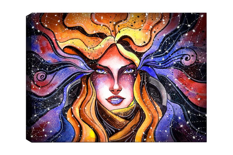 Canvastavla 70x100 cm - Mystisk kvinna med flödande hår som sträcker sig ut i en stjärnklar himmel, Orange / Lila / Guld