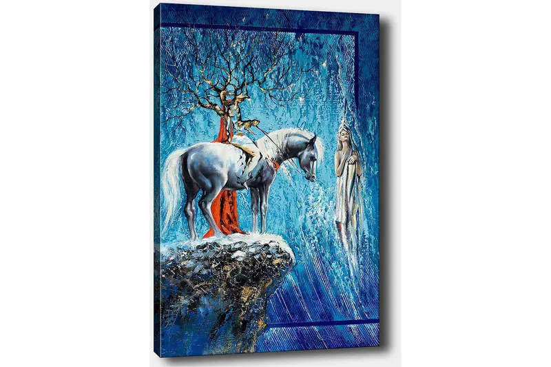 Canvastavla 70x100 cm - Mystisk scen med en häst och en kvinna i en drömlik miljö - Blå / Vit / Röd - Inredning - Tavlor & posters - Canvastavla
