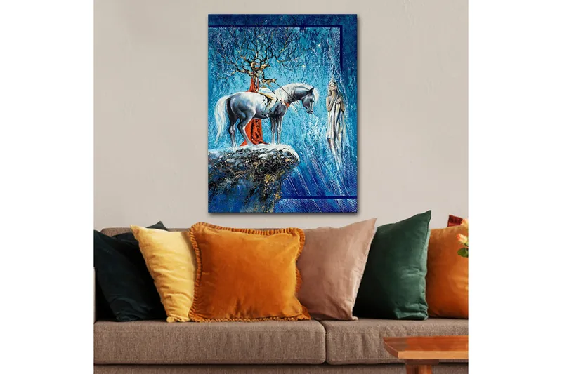 Canvastavla 70x100 cm - Mystisk scen med en häst och en kvinna i en drömlik miljö, Blå / Vit / Röd