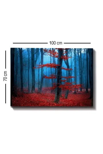 Canvastavla 70x100 cm - Mystisk skog med ett ensamt rött träd i en dimmig omgivning - Röd / Blå - Inredning - Tavlor & posters - Canvastavla
