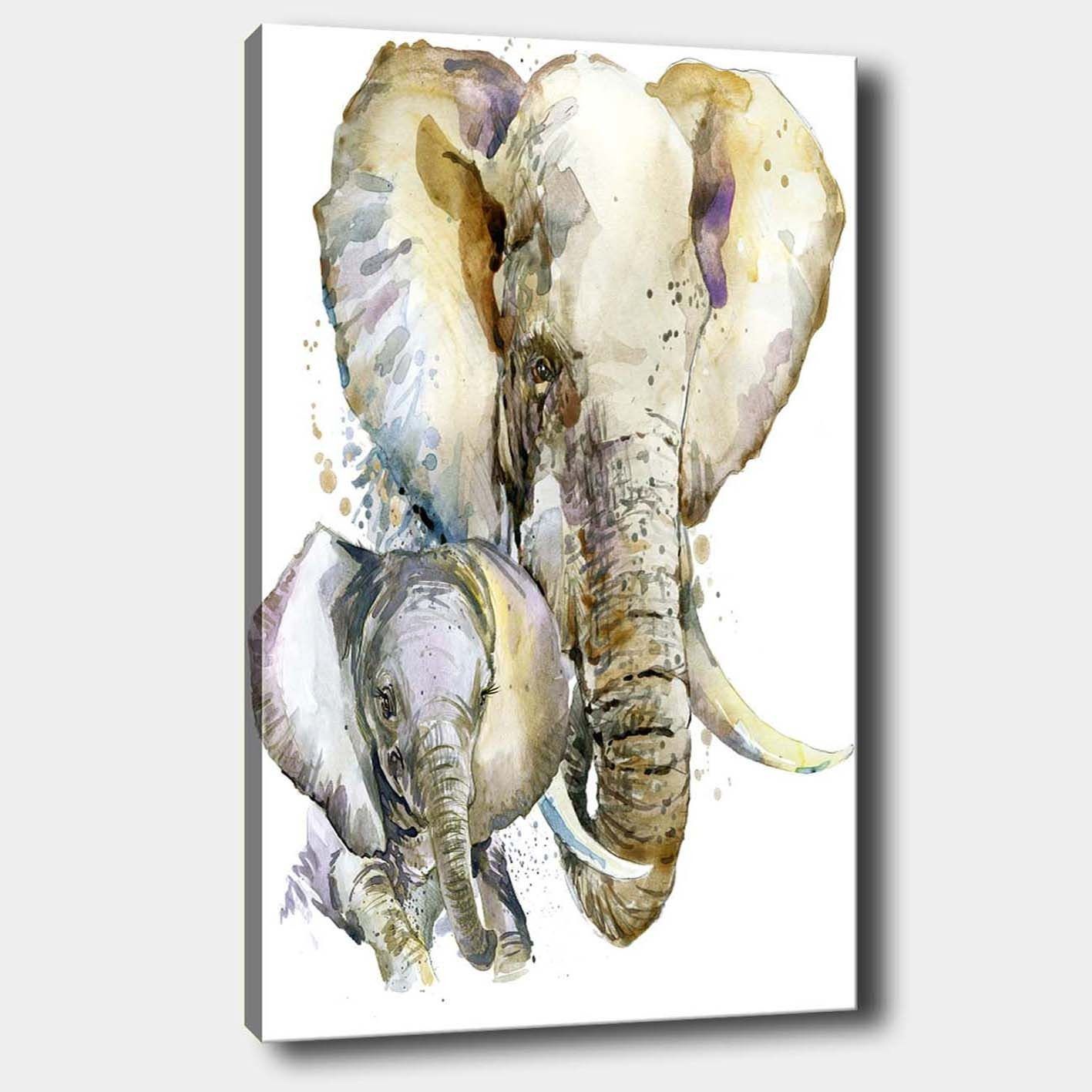 Canvastavla 70x100 cm - Målningen föreställer en stor och en liten elefant i en mjuk och färgstark akvarellstil - Grå / Beige / Lila