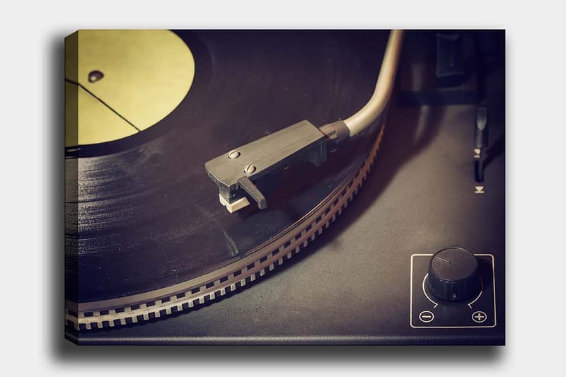 Canvastavla 70x100 cm - Närbild av en skivspelare med en vinylskiva och tonarm, Svart / Grå / Gul
