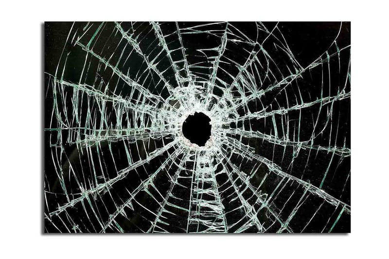 Canvastavla 70x100 cm - Närbild av en sprucken glasruta med ett centralt hål och sprickor som sträcker sig utåt, Svart / Genomskinlig