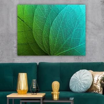 Canvastavla 70x100 cm - Närbild av gröna och turkosa löv med detaljerad ådring - Grön / Turkos - Inredning - Tavlor & posters - Canvastavla