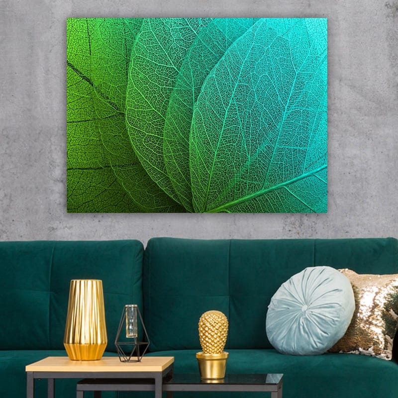 Canvastavla 70x100 cm - Närbild av gröna och turkosa löv med detaljerad ådring - Grön / Turkos - Inredning - Tavlor & posters - Canvastavla