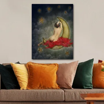 Canvastavla 70x100 cm - Naken kvinna sitter på en halvmåne omgiven av stjärnor och moln - Guld / Röd / Beige - Inredning - Tavlor & posters - Canvastavla