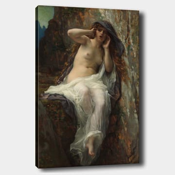 Canvastavla 70x100 cm - Naken kvinna sitter på en klippa med en dramatisk och uttrycksfull pose - Beige / Vit / Mörkgrå - Inredning - Tavlor & posters - Canvastavla