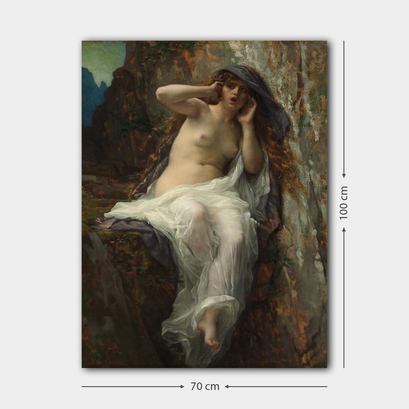 Canvastavla 70x100 cm - Naken kvinna sitter på en klippa med en dramatisk och uttrycksfull pose - Beige / Vit / Mörkgrå - Inredning - Tavlor & posters - Canvastavla