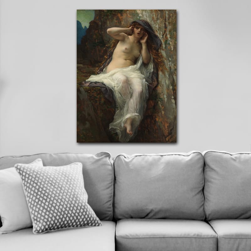 Canvastavla 70x100 cm - Naken kvinna sitter på en klippa med en dramatisk och uttrycksfull pose, Beige / Vit / Mörkgrå