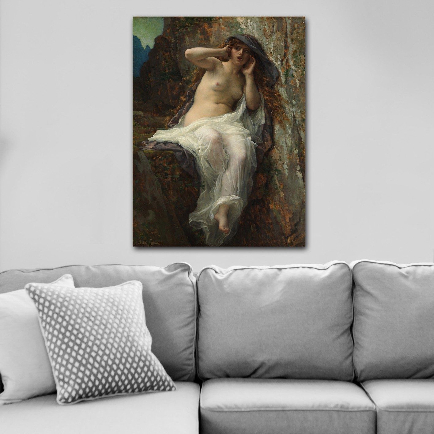 Canvastavla 70x100 cm - Naken kvinna sitter på en klippa med en dramatisk och uttrycksfull pose - Beige / Vit / Mörkgrå
