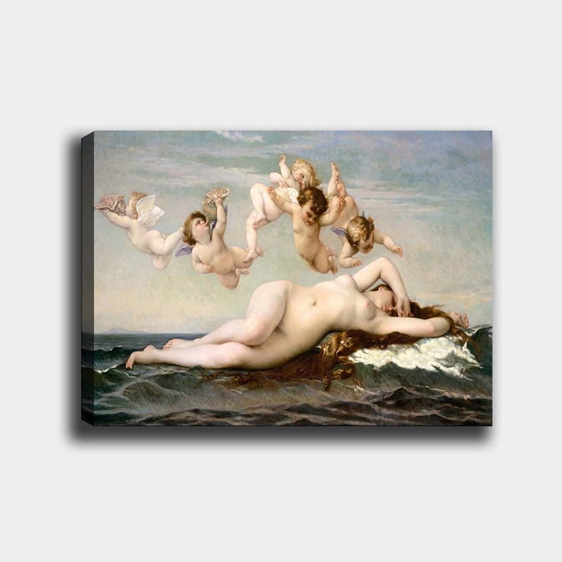 Canvastavla 70x100 cm - Naken kvinna som ligger på havets vågor omgiven av lekfulla änglar - Beige / Himmelsblå / Havsgrön - Inredning - Tavlor & posters - Canvastavla