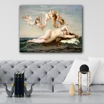 Canvastavla 70x100 cm - Naken kvinna som ligger på havets vågor omgiven av lekfulla änglar - Beige / Himmelsblå / Havsgrön - Inredning - Tavlor & posters - Canvastavla